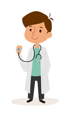 Fototapeta premium Full length portrait of cute smiling boy playing doctor cartoon character vector. 