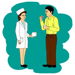 The doctor recommends the patient to cure the disease, vector cartoon doodle illustration.