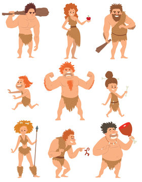 Caveman primitive people cartoon action neanderthal evolution vector. 