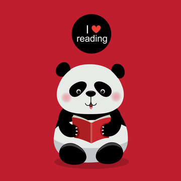 Cute panda reading a book on red background