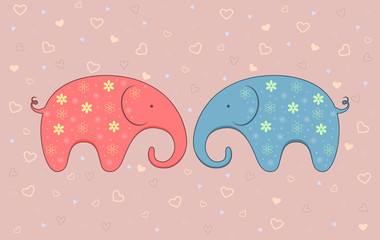 Vector illustration of two elephants on background with hearts