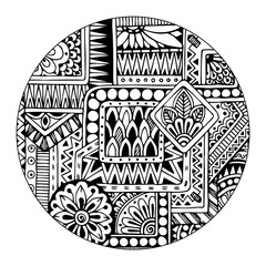 Ethnic tribal pattern in circle. Black and white mosaic mandala.
