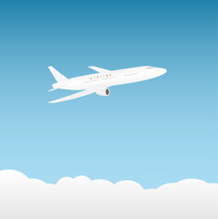 Fototapeta na wymiar white airplane on a background of blue sky and clouds