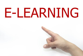 Hand and word e-learning. - business concept isolated on white background