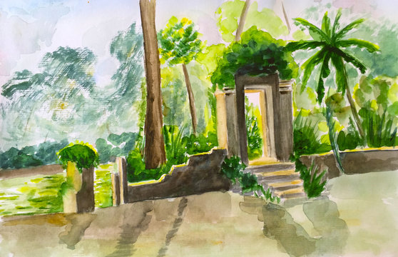 Green jungles and gates watercolor illustration
