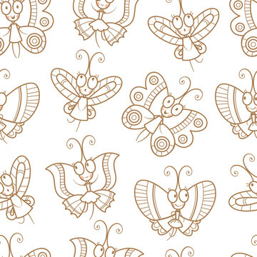 Summer seamless pattern with cute cartoon butterflies on  white background. Contour drawing. Children's illustration. Vector image.
