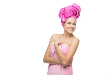 Beautiful girl in pink towel