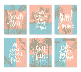 Fototapeta na wymiar Vector illustration. Set of tropical vacation and summer holidays hand drawn posters or greeting card with handwritten calligraphy quotes, phrase and words.