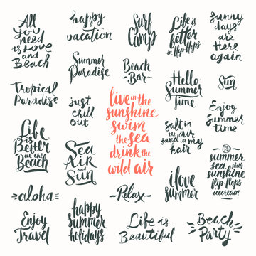Vector set of Hand drawn calligraphy. Summer holidays and vacation quotes, phrases and words.