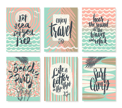 Vector set os summer holidays and tropical vacation hand drawn posters or greeting card with handwritten calligraphy quotes, words and phrases.