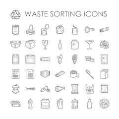Set of garbage separation recycling related waste sorting outline icons vector. 