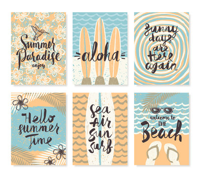 Vector set os summer holidays and tropical vacation hand drawn posters or greeting card with handwritten calligraphy quotes, phrase and words.