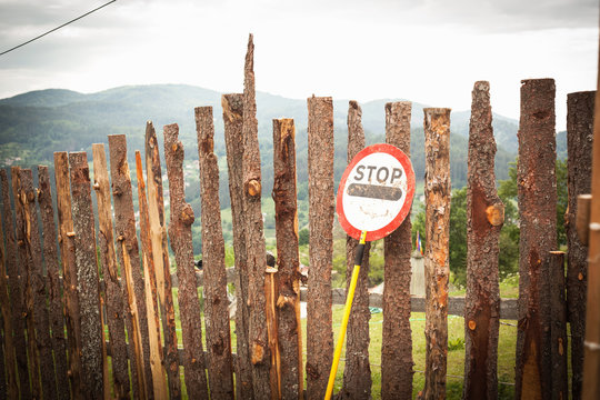 Barriers with stop sign, Rhodope mountains, Polkovnik Serafimovo, Bulgaria