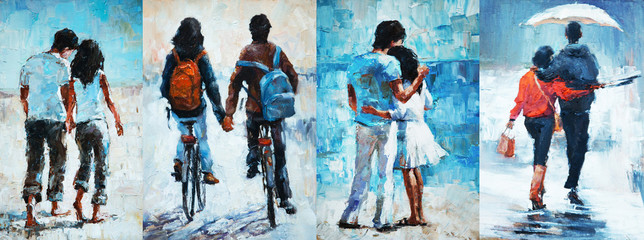 man and woman go under an umbrella, , oil painting. a pair of lovers 4 in 1 collage - 106984809