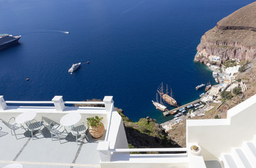 view from restaurant terrace at Aegean Sea in Santorini island,