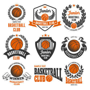 Set of Emblems, Logos and Labels on Basketball Theme and for Basketball Club. Colored Vector Illustration. Isolated on White Background.