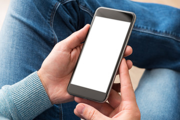 Smartphone in man's hands. Clipping path included.