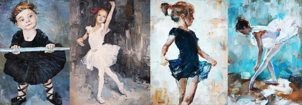 oil painting, girl ballerina. drawn cute ballerina dancing 4 in 1 collage
