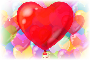 Holiday Valentine Background with Big Red Heart Shaped Balloon and Bright Colorful Balloons Behind