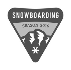 Vector wilderness and nature exploration outdoor vintage emblems mountains, sun, ski poles silhouettes elements. 