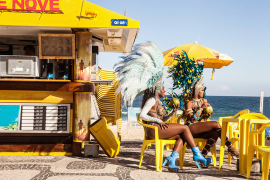 Samba dancers taking a break, Ipanema Beach, Rio De Janeiro, Brazil