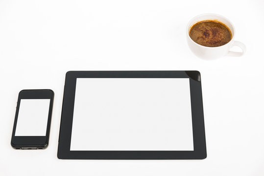 Digital tablet touch pad computer with coffee