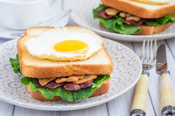 Traditional french toasted sandwich Croque madame with bacon and mushrooms