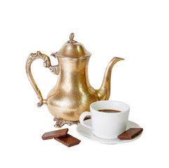 Coffee pot, cup of coffee and chocolate  isolated on white
