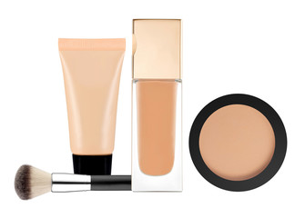 powder, liquid makeup foundation in tube and brush isolated on w