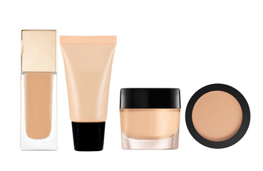 liquid makeup foundation in bottle and face powder isolated on w