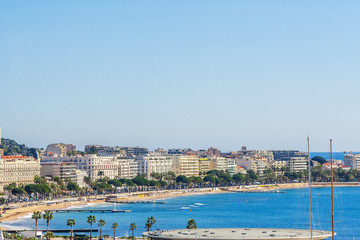 Fototapeta na wymiar Panoramic view, Promenade de la Croisette, the Croisette and Port Le Vieux of Cannes, France Cote d'Azur