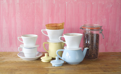 vintage coffee filters, coffee pots,coffee cup, coffee making, copy space