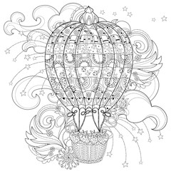 Hand drawn doodle outline  air baloon in flight