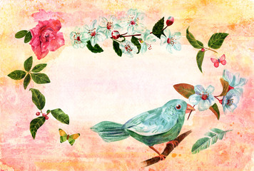 Frame with watercolor bird, butterflies and flowers on old paper