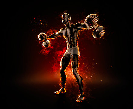 Handsome bodybuilder with dumbbells. 3d illustration