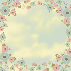 Flowers and clouds, creamy-blue vintage background