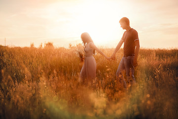 The couple go on a field at sunset holding hands