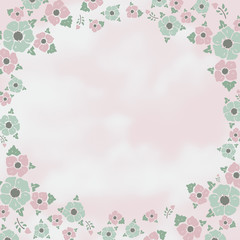 Flowers and clouds, pink-turquoise vintage background