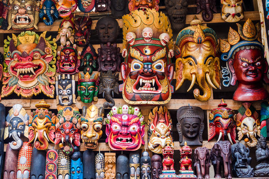Colourful masks at street market in Kathmandu, Nepal.