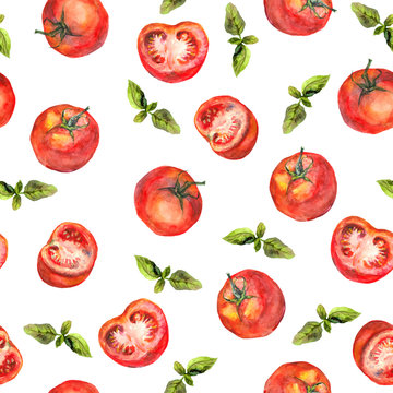 Seamless wallpaper with tomato vegetables and green basil 