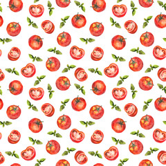 Seamless repeated template with tomato vegetables and green basil 