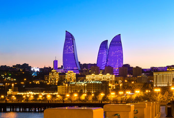 Night view of the Flame Towers. Flame Towers are new skyscrapers in Baku. The Republic of Azerbaijan