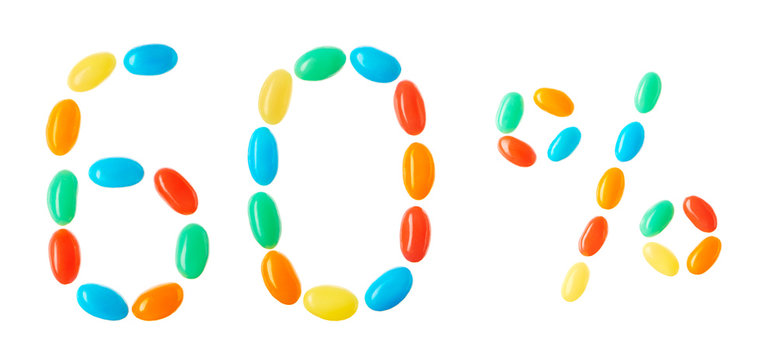 60% lettering made of multicolored candies isolated on white