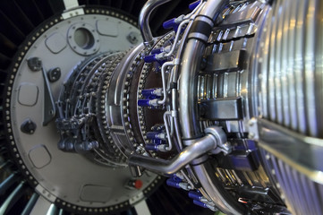 Jet engine, internal structure with hydraulic, fuel pipes and other hardware and equipment, aviation, aircraft and aerospace industry 