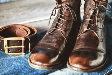 Handmade shoes, stylized vintage style, strap with buckle and jeans