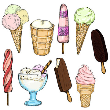 Vector Set of  Different Color Sketch Ice Cream