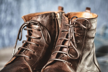 lacing high leather boots closeup