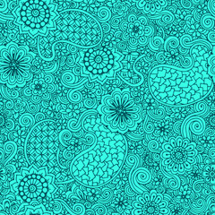 Doodle seamless background in vector with doodles, flowers and p