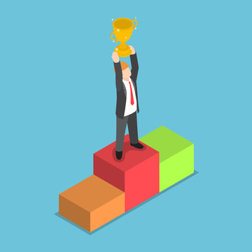 Isometric businessman standing on pedestal and holding trophy