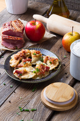 Polish fried dumplings with meat, onion and bacon.